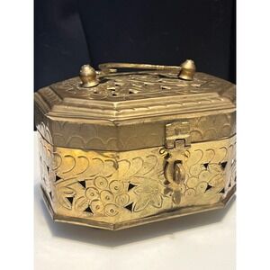 Vintage Etched Brass Jewelry Box Trinket Holder Octagon‎ Made in India